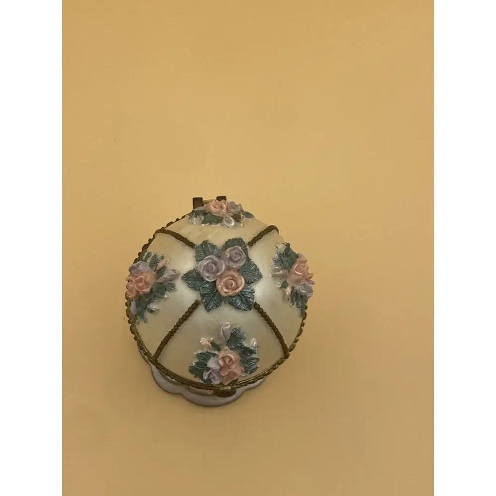 Vintage Egg Shaped Floral Metal Jewelry Box w/ Hinged Lid, Fabric Lined Interior